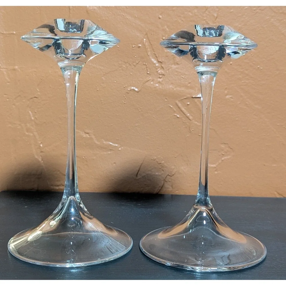 Kosta Boda Fanfare Crystal Candlesticks Set of 2 Signed & No. Kjell Engman 68205